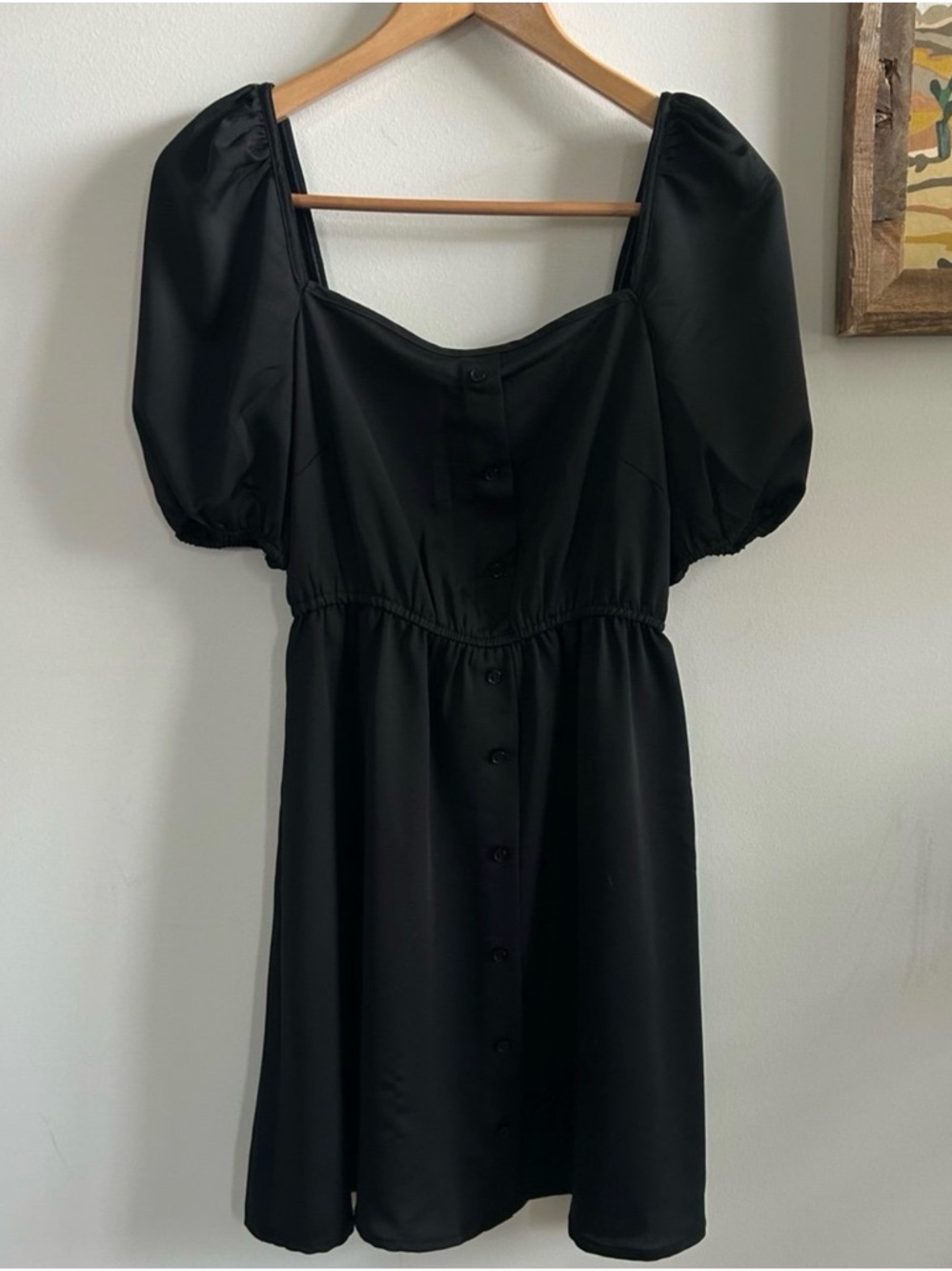 Na-Kd Small Black Puff-Sleeve Mini Dress with Button Front